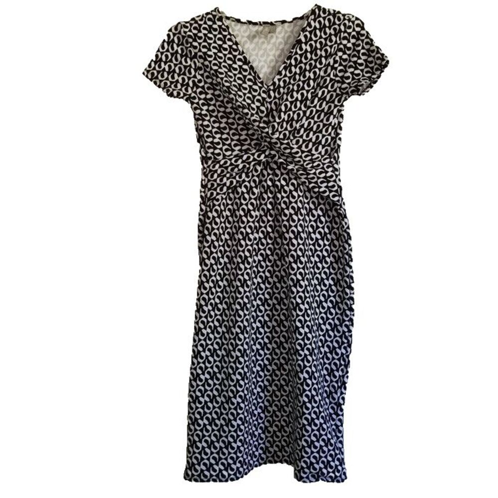 ASOS Midi Dress Womens 8 Black White Geometric Twist Front V-Neck Stretch